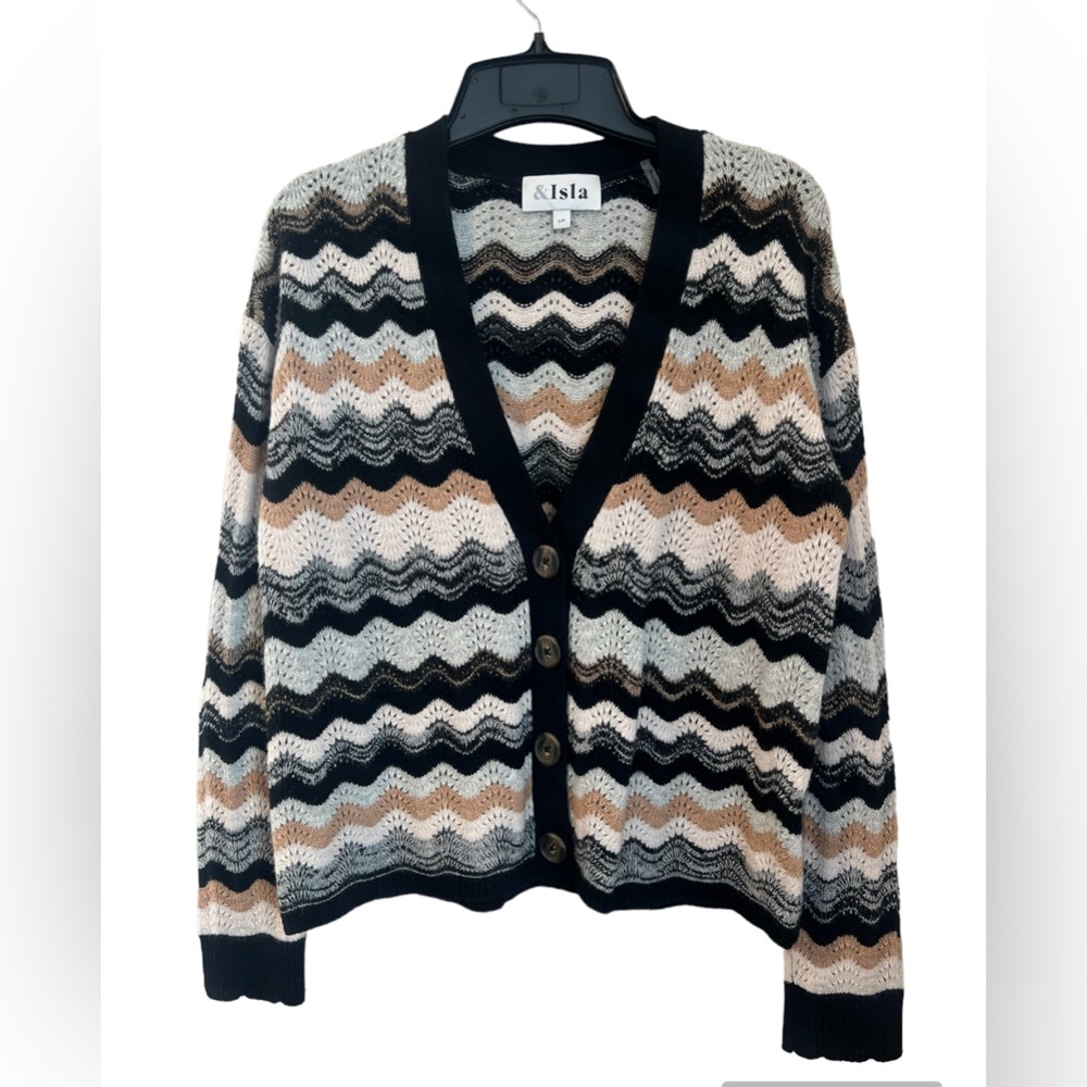 &Isla Sweater Cardigan Women’s S Cashmere/wool Wave Stripe Open Knit Black multi